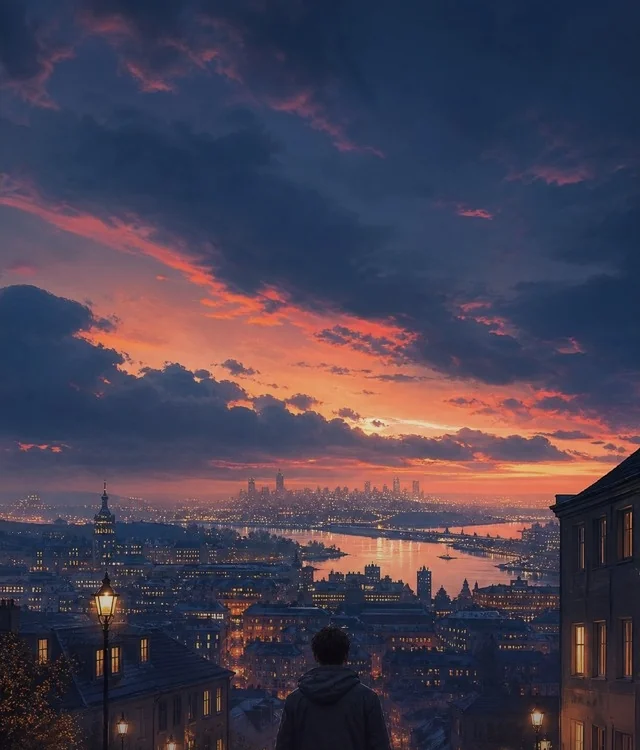 A figure overlooking a city at sunset, from supplied story artwork